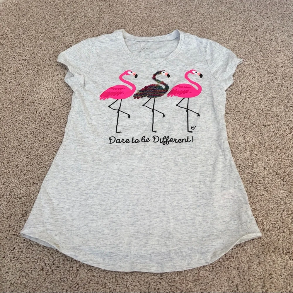 Justice “Dare to be Different” Hthr Gray Pink Flamingo Flip Sequin Tee Girls 8